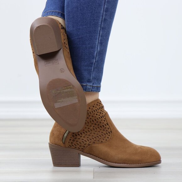 Tan Round Toe Low Heel Ankle Boots Faux Suede Lacer Cut Design - Picture 4 of 12